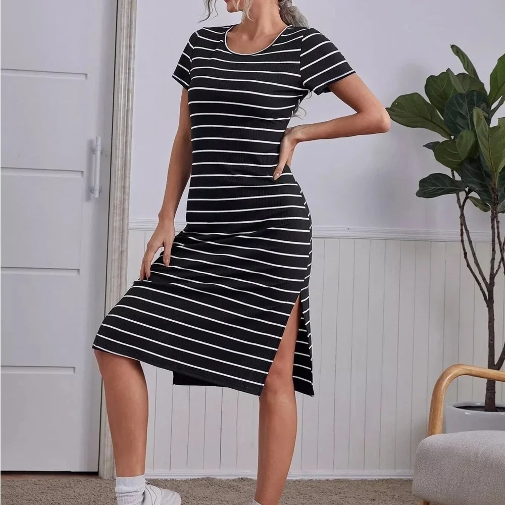 SHEIN Black & White Striped Midi Tee Dress with Side Slit - Picture 3 of 10
